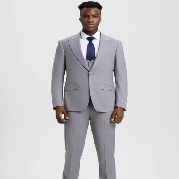 Light Grey Suit - Silver Gray Suit For Wedding - Men's Vested One Button Peak La - Picture 1 of 10